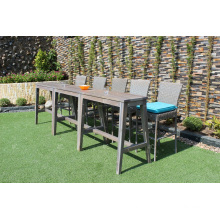 Slender Design Polyethylene Rattan Bar Set with 2 chairs and acacia wooden table for outdoor use